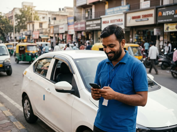 Driver smiling at phone next to car
